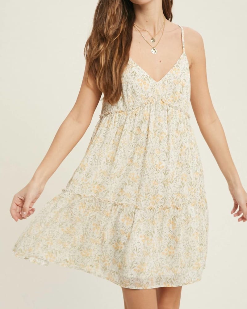 Front of a model wearing a size Large Hiawatha Sleeveless Dress in Floral Print in Floral Print by WISHLIST. | dia_product_style_image_id:336121